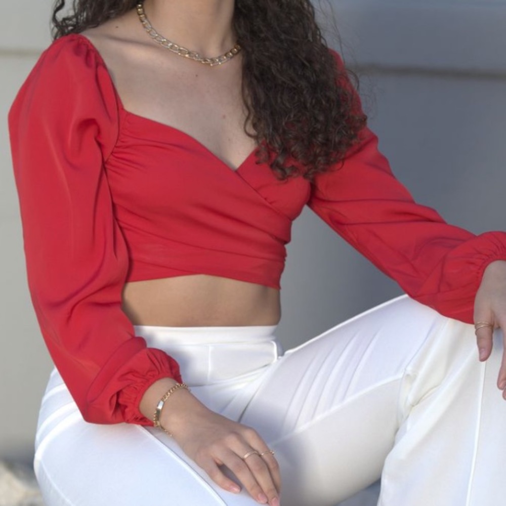 Red Cropped Cross Long Sleeve Top